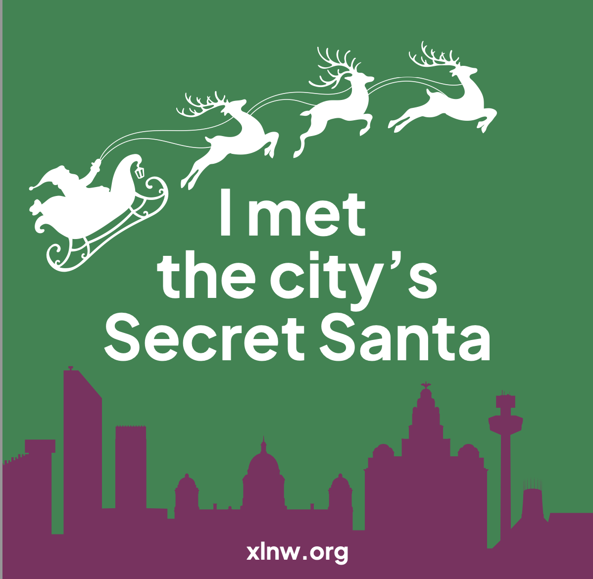 A graphic with Santa's sleigh flying over Liverpool's skyline. Text reads: 'I met the city's Secret Santa'.